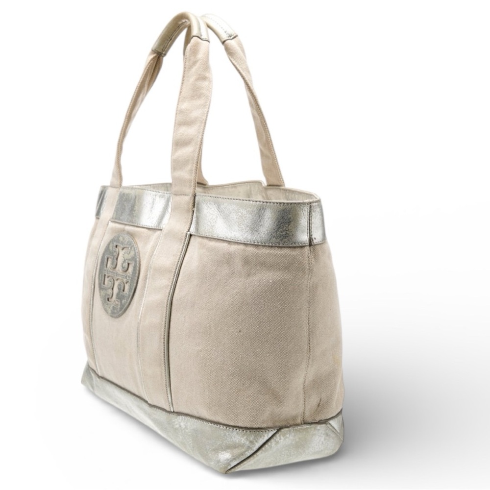 Tory Burch Beige Canvas Tote with Silver Trim - Picture 3 of 13